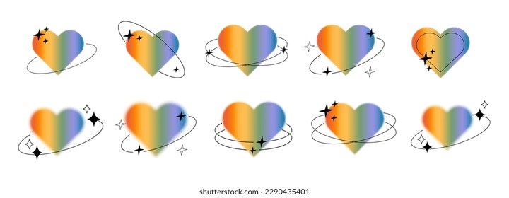 Vector set blurry rainbow colored heart aura aesthetic element and linear frame   shapes  Queer gay love symbol in trendy y2k style design template  Modern minimalist blurred gradient hearts 