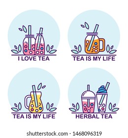 Vector set of boba tea icons with typography incription. Signs, symbols of drinks in tea glasses with bubbles and tea-leaves. Icons of portable cups, elements for tea-houses, coffee houses, restaurant