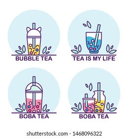 Vector set of boba tea icons with typography incription. Signs, symbols of drinks in tea glasses with bubbles and tea-leaves. Icons of portable cups, elements for tea-houses, coffee houses, restaurant