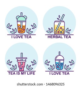 Vector set of boba tea icons with typography incription. Signs, symbols of drinks in tea glasses with bubbles and tea-leaves. Icons of portable cups, elements for tea-houses, coffee houses, restaurant