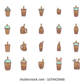 Vector set of boba tea icons. Signs, symbols of drinks in tea glasses with bubbles. Simple outline style. Funny icon of portable cups, elements for tea-houses, coffee houses, restaurant design