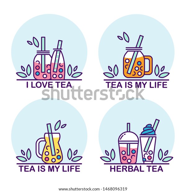 Vector set of boba tea icons with typography\
incription. Signs, symbols of drinks in tea glasses with bubbles\
and tea-leaves. Icons of portable cups, elements for tea-houses,\
coffee houses,\
restaurant