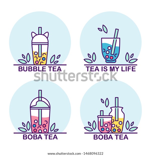 Vector set of boba tea icons with typography\
incription. Signs, symbols of drinks in tea glasses with bubbles\
and tea-leaves. Icons of portable cups, elements for tea-houses,\
coffee houses,\
restaurant