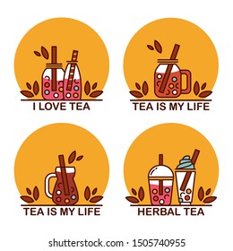 Vector set of boba tea signs, symbols. Icons of portable cups, elements for tea-houses, coffee houses, restaurant design. Warm colors. Set 3 from 3