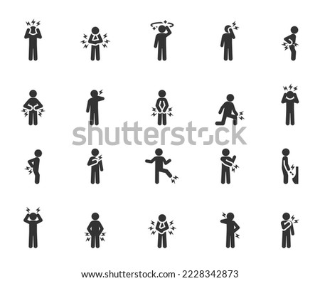 Vector set of body pain flat icons. Contains icons pain in, muscle, back, neck, knee, headache, dizziness, toothache, heartache and more. Pixel perfect.