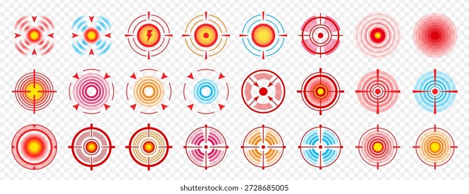 Vector set of body point pain in muscles, throat, joint, teeth, head, neck, stomach. Inflammation marker, circle painful area with red target. Sore spot or muscle spasms icons. Ache localization signs