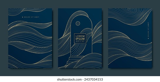 Vector set of boho abstract arch line posters, wave and arch with stairs and moon or sun design. Psychedelicgeometric illustration, surreal golden on black patterns