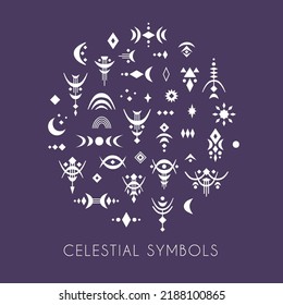 Vector set of boho celestial symbols for logo design and lettering.