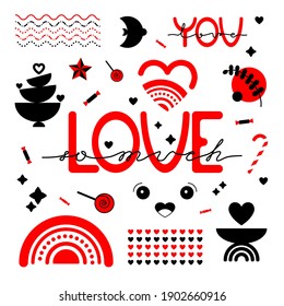 Los vectores configuran iconos de boho. Ilustración con amor. Feliz Día de San Valentín. Cartel con texto de amor
