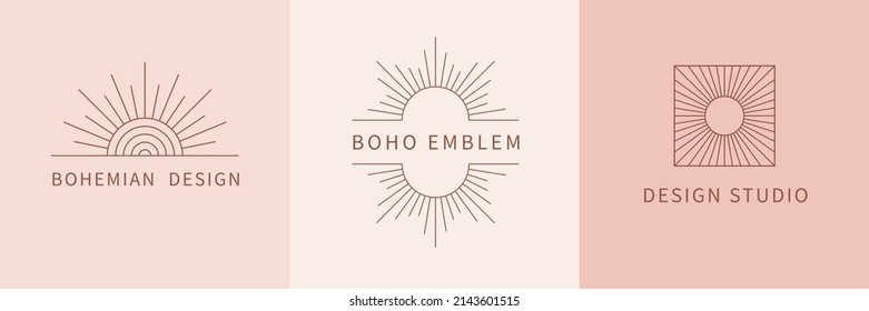 Conjunto de vectores de iconos y símbolos boho - plantillas de diseño de logotipo solar - elementos de diseño abstracto para la decoración en estilo lineal minimalista moderno para publicaciones en medios sociales, historias, para joyas hechas a mano