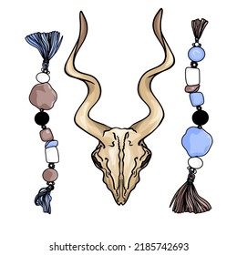 Vector Set boho illustrations. Cozy details in the form of animal skulls, inscriptions, touches for printing on clothes, a blank for a designer, wrapping paper