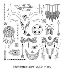 Vector set of boho illustrations. Line art. Dreamcathers, animal skull, feathers and arrows