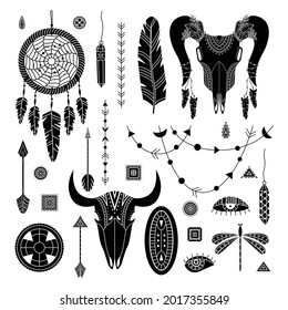 Vector set of boho illustrations. Simple style. Dreamcathers, animal skull, feathers and arrows