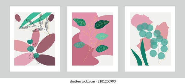 Vector set. Boho leaves. Drawing with an abstract shape. Abstract plant art design for print, cover, wallpaper, minimal and natural wall art.