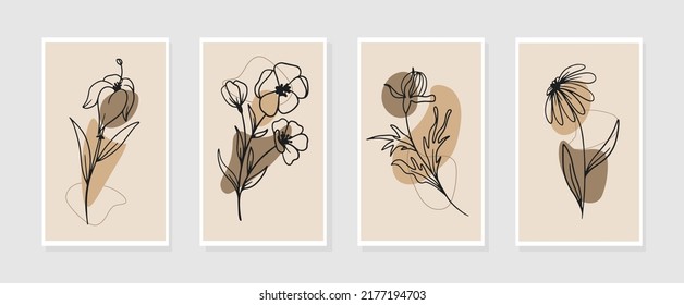 Vector set of boho minimal wall art. Trendy pictures with plants and abstract organic shapes. Botanical illustration
