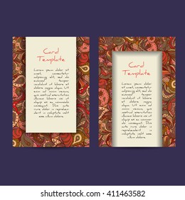 Vector set of boho paisley card template designs, perfect for brochure covers, leaflets, flyers, cards and invitations. Doodle design.
