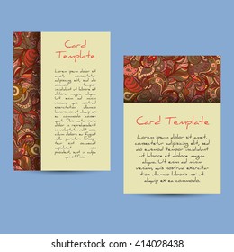 Vector set of boho paisley card template designs, perfect for brochure covers, leaflets, flyers, cards and invitations. Doodle design.