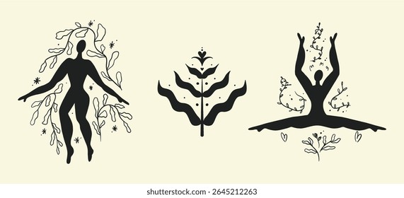 Conjunto de Vector, boho mujer mágica sagrada, planta. Meditación de sanación holística plana. Silueta abstracta moderna.