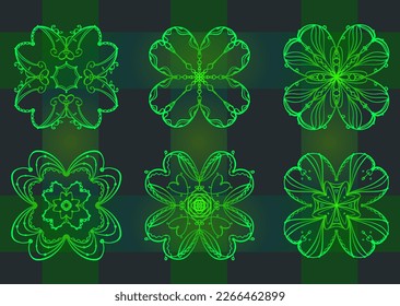 Vector set of boho shamrocks - outlines. St. Patrick's Day. Celtic tartan background.