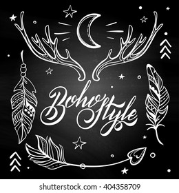 Vector Set of Boho Style Elements. Lettering Calligraphy text. Tattoo template. Trendy hand drawn tribal Gypsy symbol collection. 