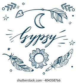 Vector Set of Boho Style Elements. Lettering Calligraphy text. Tattoo template. Trendy hand drawn tribal Gypsy symbol collection. 