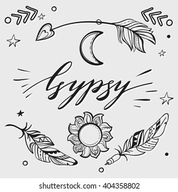 Vector Set of Boho Style Elements. Lettering Calligraphy text. Tattoo template. Trendy hand drawn tribal Gypsy symbol collection. 