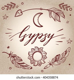 Vector Set of Boho Style Elements. Lettering Calligraphy text. Tattoo template. Trendy hand drawn tribal Gypsy symbol collection. 