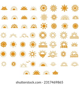 Vector set boho sun logo, icons and symbols,Minimalistic line art design elements for decorating, social network,Abstract collection isolated on white background.