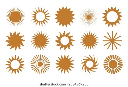 Vector set boho sun logo, icons and symbols. Minimalist geometric various design sun elements. All objects are isolated