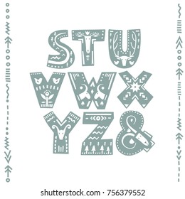 Vector set of bold letters decorated with nordic folklore ornaments. Letters S, T, U, V, W, X, Y, Z, &. Display font.