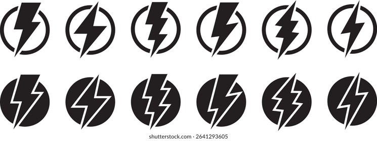 Vector Set of Bold Lightning Symbols with Circles Representing Electricity, Shock, Voltage, and Strong Energy in Tech and Design Projects