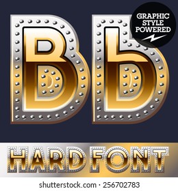 Vector set of bold luxury font in gold color with riveted border. Letter B