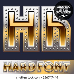Vector set of bold luxury font in gold color with riveted border. Letter H
