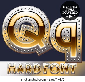 Vector set of bold luxury font in gold color with riveted border. Letter Q