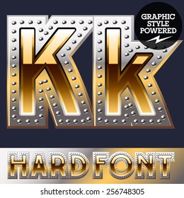 Vector set of bold luxury font in gold color with riveted border. Letter K