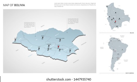 Vector set of Bolivia country.  Isometric 3d map, Bolivia map, South America map - with region, state names and city names. 