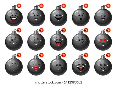 Vector set of bomb icons. Collection of black burning bombs with different facial emotions in cartoon style on white background