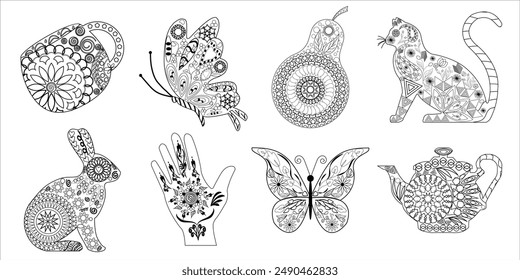 Vector set of сoloring book artistic antistress images, patterns. Decorative hand, cup, mug, butterfly, pear, kettle, teapot, cat, rabbit, hare. Coloring book for adults