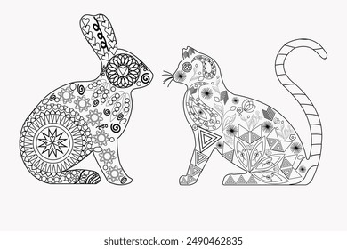Vector set of сoloring book artistic antistress images, patterns. Decorative cat, rabbit, hare. Coloring book for adults
