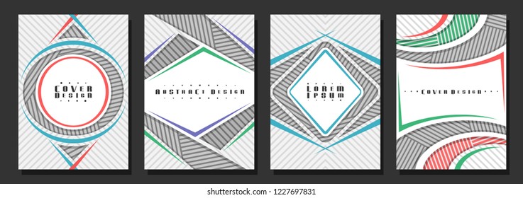 Vector set of book Covers, 4 grey unusual layouts of brochure with copy space for advertising text, mock up with light backdrop for promotion, A4 format cover, leaflets with copyspace for name company