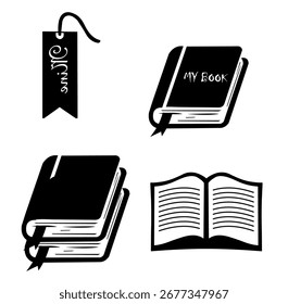 Vektorgrafik mit Buchsymbolen, einschließlich Illustrationen im geschlossenen, geöffneten und Lesezeichen-Stil. Einfaches, minimales Schwarz-Design für Bildungs-, Bibliotheks-, Lese- oder digitale Projekte.