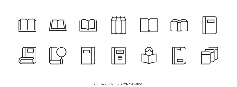 Conjunto vectorial de iconos de línea delgada de libro. Diseño de pictogramas de infarto cerebral. Signos del calendario aislados en un fondo blanco