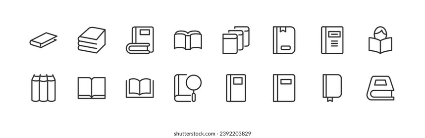 Conjunto vectorial de iconos de línea delgada de libro. Diseño de pictogramas de infarto cerebral. Signos del calendario aislados en un fondo blanco