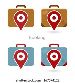 Vector set of booking icons, travel bag, and pointer sign 