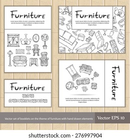 Vector set of booklets on the theme of furniture with hand drawn elements in black and white colors. Sketches for use in design