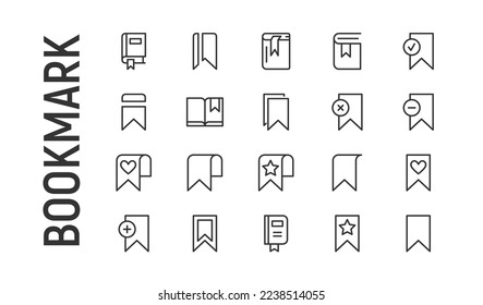 Vector set of bookmark thin line icons. Design of 20 stroke pictograms. Signs of bookmark isolated on a white background.