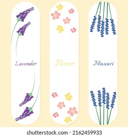 Vector set of bookmarks with beautiful flowers and text. Templates of cute multicolored postcards with a vertical arrangement. Theme of botany, flowers, petals, gardener