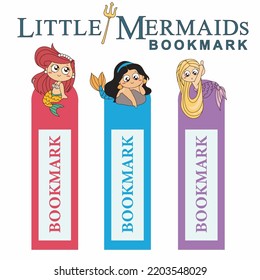 Vector set of bookmarks for children with cute Mermaids theme. Vertical layout cards templates. Colorful and cute stationery for kids.