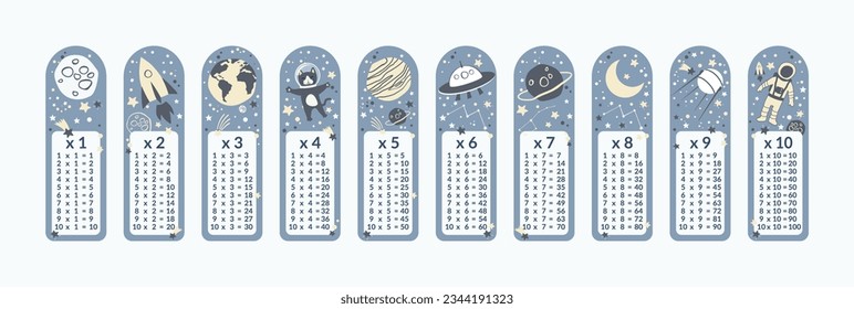 Vector set of bookmarks for children with space theme and multiplication table. Cute planets, astronaut, spaceship, rocket, cat, moon. Vertical layout card templates