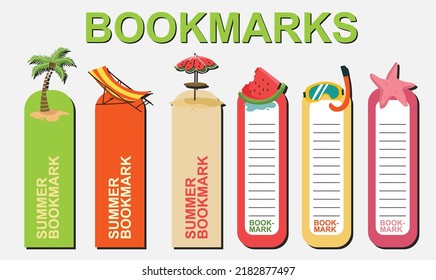Vector set of bookmarks for children with summer theme. Cute coconut tree; beach chair, beach umbrella, parasol, watermelon, scuba and starfish. Vertical layout card templates. Stationery for kids